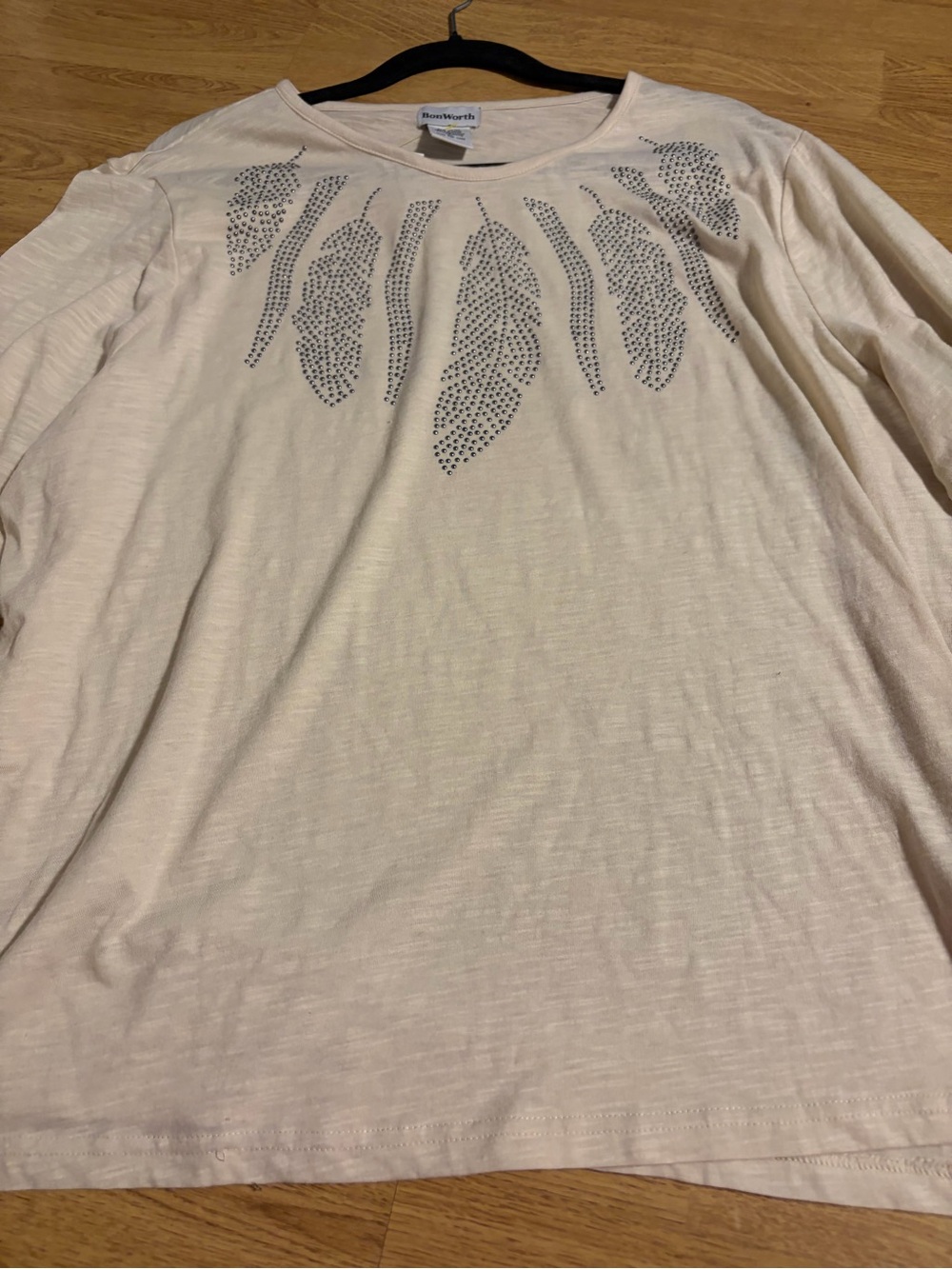 BonWorth Cream Long Sleeve Tee with studded Feather Design